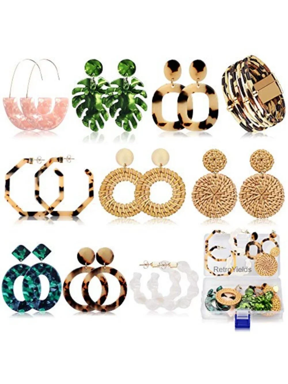 Boho Drop Dangle Earrings Set 9 Pairs Rattan Acrylic Statement Jewelry Women